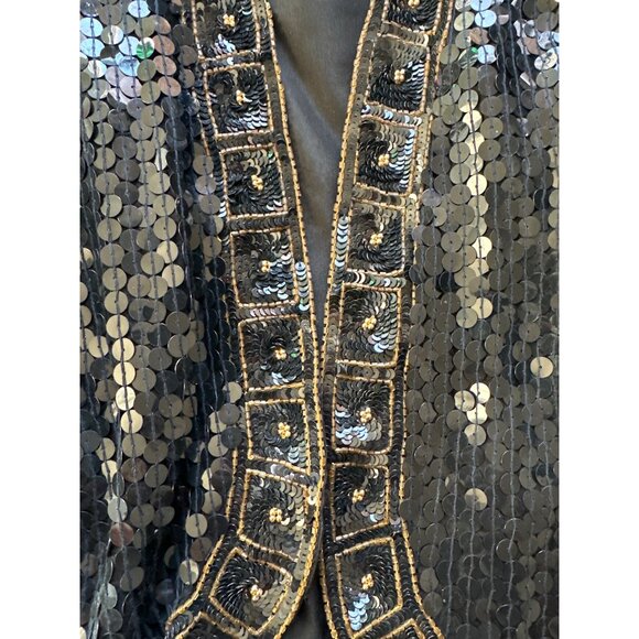 Vintage 80s Black Sequin Bolero Jacket With Gold Trim & Long Sleeves Sz XS/S - Picture 4 of 6